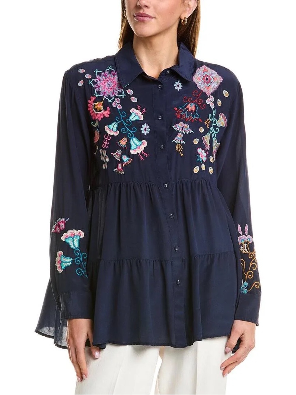 NWT - Johnny Was Navy Alesa Tiered Silk Tunic - Sz Medium